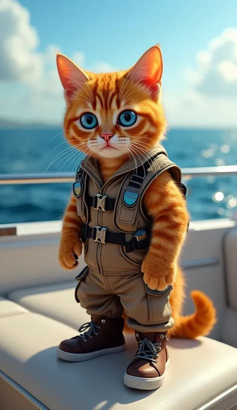 Make a picture of an orange cat, blue eyes, wear fishing clothes, sports shoes, fishing on a luxury boat, facing the camera, with a beautiful sea background, wide, full body, super realistic 8k images