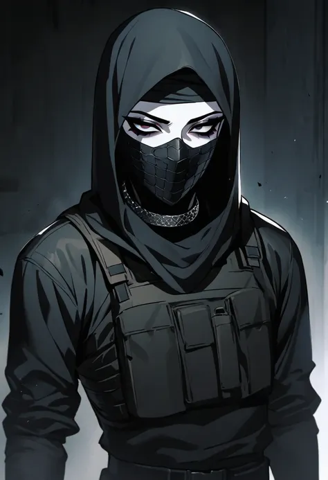 Male arab modern terrorist, terrorist, black balaclava, black bandage, black clothes, thin waist, makeup, black eyeliner, big eyelashes, black eyeshadow, metal choker, pale skin, dark room