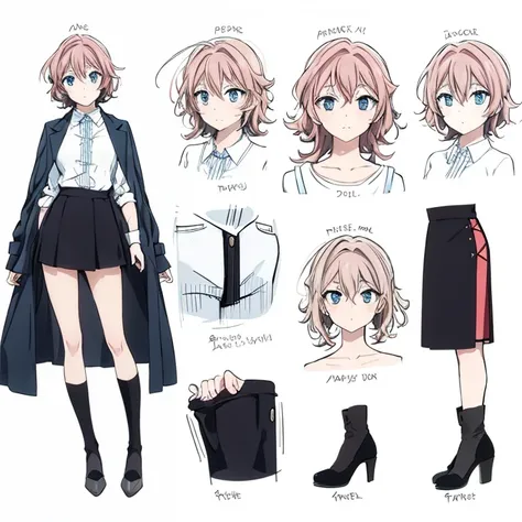 design features, short brownish red hair, white blouse, gray skirt, blue eyes, black stockings and brown heels.