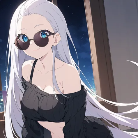 1girl, female gojo satoru, anime screencap from jujutsu kaisen, gojo satoru female version, solo, very long_hair, ((The hair is styled with part of it pulled back and the rest cascading down her back)) Blue eyes, ((white eyelashes)), ((very long white_hair...