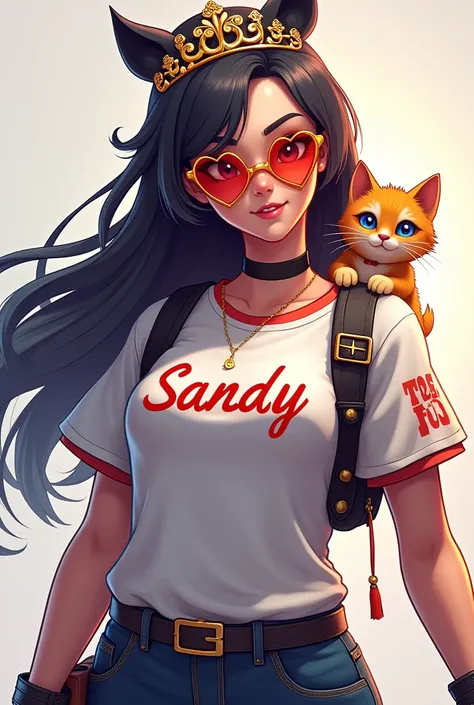 Free fire style female character, with long hair and a tiara styled like a female character from Free Fire, heart glasses, kitten on the side of the shirt with the name SANDY written on it. 