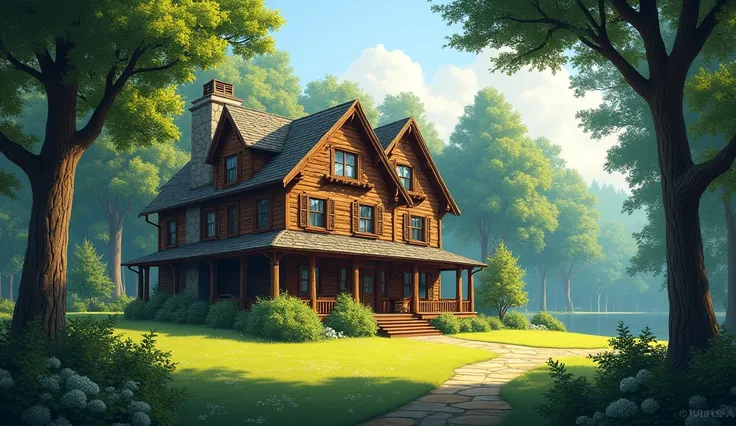 Illustration background with a big wooden house in the forest, A forest spreads out behind the pension