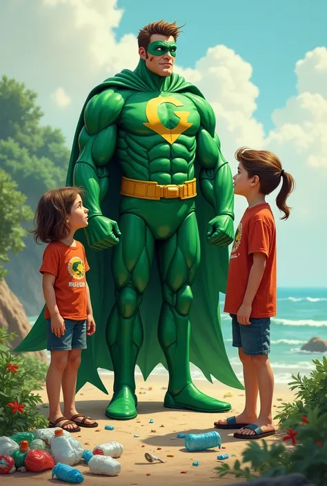 Captain Green: “Hello, Sophie and Max. I see you’ve noticed the plastic problem. Plastic is everywhere, not just on beaches. It’s harming our oceans, animals, and even us. Will you help me solve this problem?”