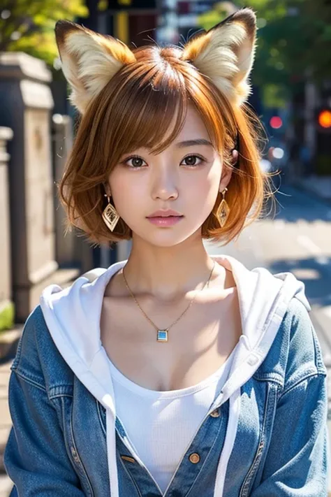 (masterpiece), (photo realistic:1.3), 14才, one young japanese girl, puffy face, (broad jawline:1.2), shiny skin, detailed skin, ((no makeup)), (fox ear:1.2), light orange hair, (messy hair), short Bob Cut, しかめっ面,  ,pale orange pull-over hoodie, over size h...