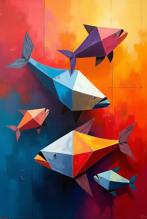 Acrylic Abstract Art, geomerty fish, composition art