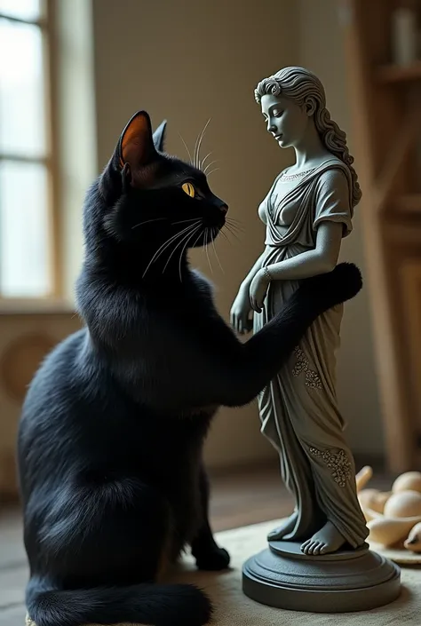 Black cat is an master artist who crafted a statue , no nudity