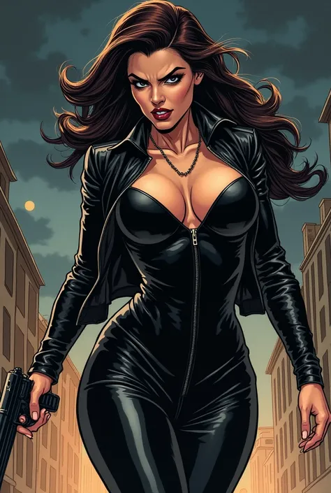 sexy girl, sexy clothes, black clothes, Profile, sexy look, comic illustration style, Retro style, comic, manga, marvel style, Dark, Violent, Armada, aggressive, dark, evil, malevolent, beautiful, white, night, Violento, sonrisa evil, aggressive, comic ill...