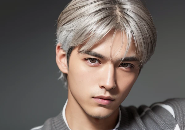 High resolution, Gray Hair, Golden Eyes, Cool guy in his 20s,Japanese,front,Simple Background, 