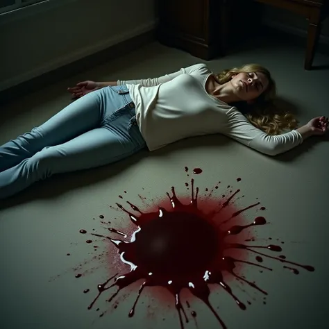 A white woman with blonde, wavy hair, is lying on the floor on the same floor there is a huge stain of blood that is already dry and stuck to the carpet. The woman is unconscious and is on the floor.
