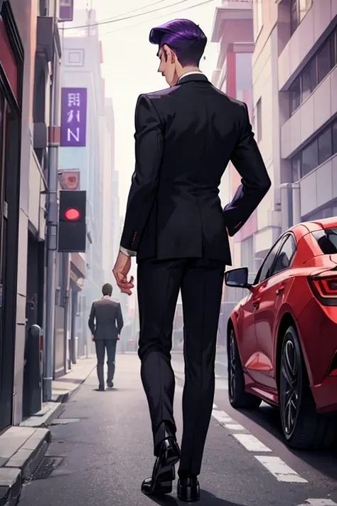 male, white slicked back hair, purple eyes, (((1boy))), (((back suit))), (lavender dress shirt), (red tie), (black dress pants), (black shoes), handsome, long legs, smiling, single person, facing forward