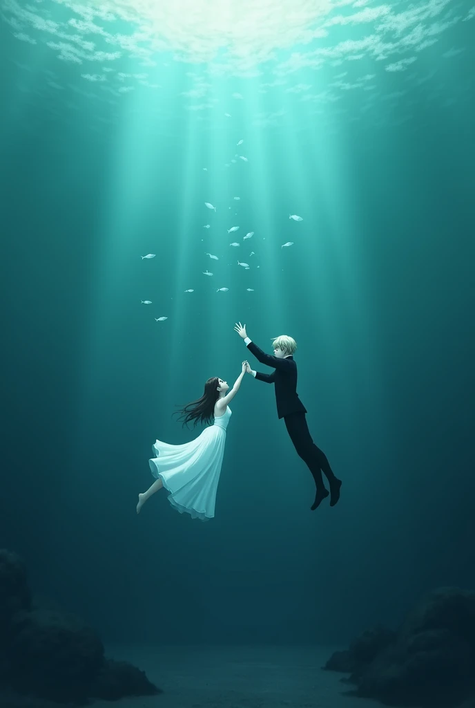 A girl in a white dress going to the bottom in the sea and extending her hand upwards, and a boy dressed in black swimming towards her extending her hand upwards, and a boy dressed in black swimming towards her