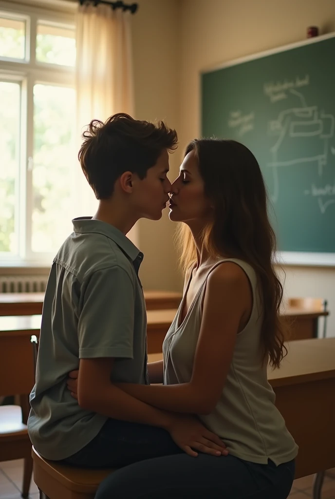 アニメ: a hot teacher (Woman) older woman kissing a student (Child boy) with love in the empty room.
