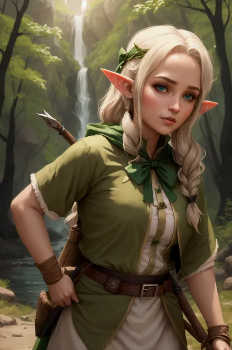 1 woman, female elf, ranger, outdoor, nature background, holdnig a bow