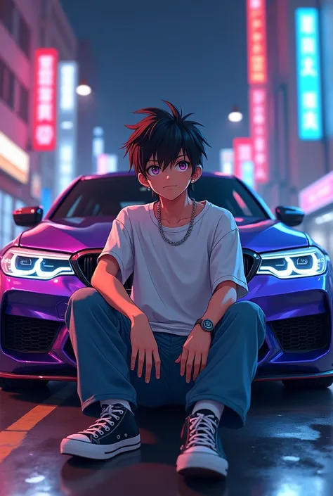 A anime boy sitting with attitude and oversized tshirt and baggy jeans with converse shoes infront of a purple bww m5 competiton in neon city background