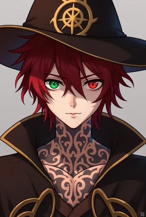 Crimsons true appearance isnt clear as he uses different identities to hide himself, the only consistent characteristic being the 2 eyes, the right one is green while the left one is red and dragon like but usually its hidden by his long hair or something ...