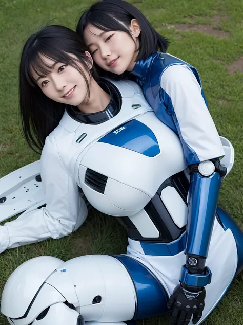 Japanese female android,Black Hair,White and blue robot suit,Plump,Sleeping with a child on the grass in the park,smile,