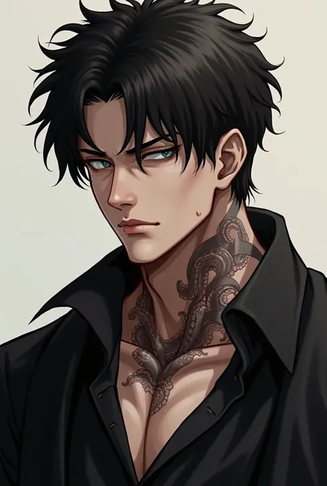 Create a male character inspired by Eren Yeager from Attack on Titan, but with the following modifications: He has the same basic hairstyle as Eren, but with curly hair that is shorter on the sides and falls slightly over his forehead, forming a small frin...