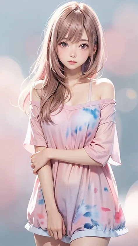 (((blurred background、watercolor style background)))、a girl、１６talent、anatomy、light pink eyes、#11: loose low ponytail、light pink ...