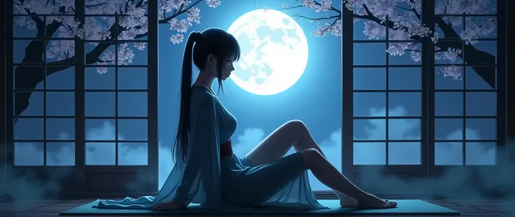 Moonlit Night、Silhouette of a woman lying on a tatami mat indoors looking at the moon sideways in the dazzling moonlight、Japan shoji、A hairstyle in which straight long hair is tied behind the neck、The silhouette of a woman&#39;s body is reflected through t...