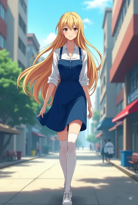 beautiful very fit anime woman, very long blonde hair, blue jumper dress with straight skirt and wide shoulder straps, white dress shirt, opaque white tights, Mary Janes, walking in the city