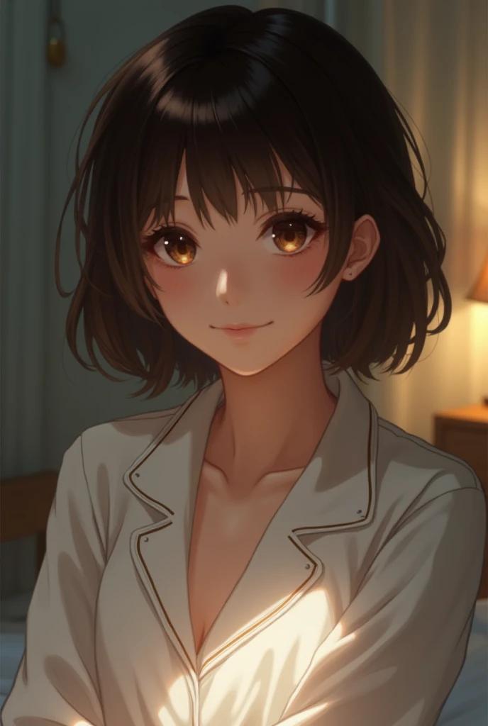 Japanese beauty、High nose、Grin、beautiful、Shortcuts、Brown Hair、pajamas、night、bed、Emotional atmosphere、High resolution, masterpiece, accurate, Textured skin, Very detailed, Retina, 高quality, quality, High-resolution model, detail, Real、Realistic、8k、4K