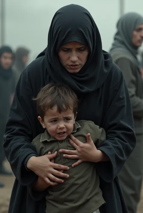 A hijab woman handgag a kid 