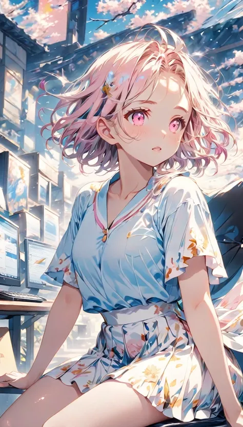 gender:Woman skin color: White hairstyle: Forehead、Wavy Hair、short hair color: Pink eye color: Hazel Outfit: A simple light blue V-neck puff sleeve shirt、White tight skirt *No frills in view：Remove facial expression: Serious expression、Others operating a c...