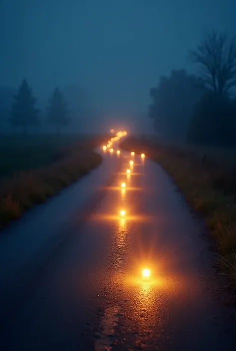 A road illuminated by a series of bright, glowing lights leading into the distance, symbolizing the path of passion. The road is clear and inviting, with the lights representing each small action taken toward fulfilling a dream