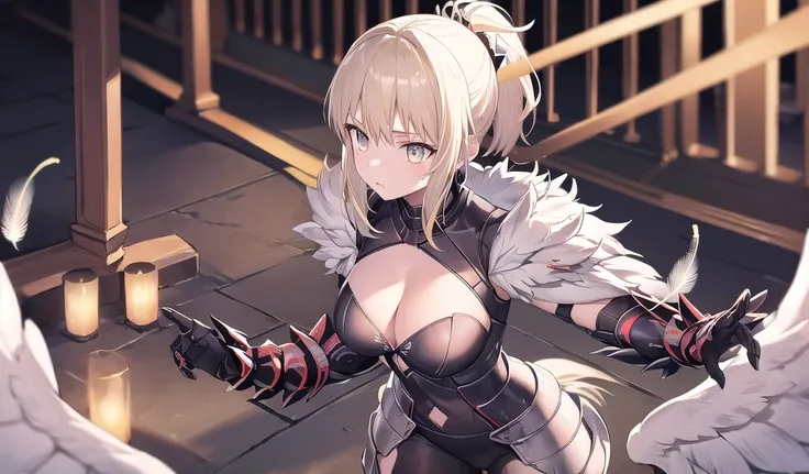 Beautiful blonde with short ponytail，Big ，cleavage，feather wings，White lion pattern armor，White Gauntlets，thigh，cross sword，maze，1 girl, 