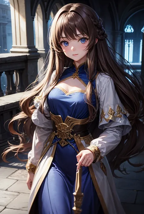 Girl with long light brown hair with waves blue eyes, Medium breasts and small waist With a sorceress dress and tunic
