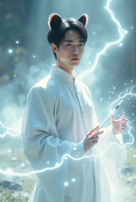 Create an Asian man with bear ears and short black hair wearing a white suit holding a white brush with water and fire powers in a fantasy world with white light effects and white star sparkles.,Long slender fingers,Realistic