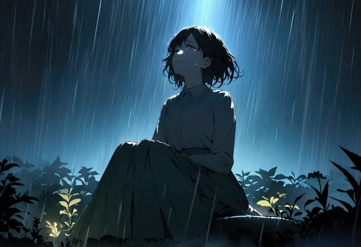 (Highly detailed CG Unity 8k wallpaper), Outdoor Garden，Beautiful young woman in the rain, Crying looking upwards,shout、Crying、skirt, sit, full_body, dramatic, バックLight, Light, Volumetric Lighting, Delicate face, Simple Background