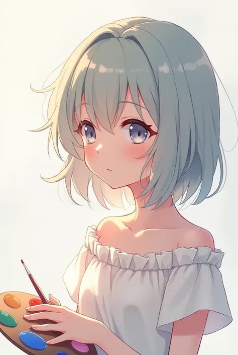 Anime girl holding a pallete and her face look to the right