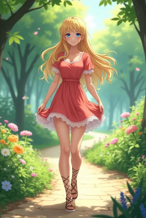 beautiful very fit anime woman, very long blonde hair, coral short sleeve skater dress with white lace trim, white bell petticoat under skirt, gladiator sandals, walking in the park