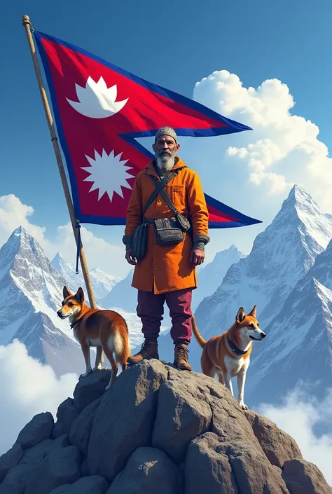 Nepali man in top of the mountain with dogs and Nepali flag and in background there is a big text "Gaurav"