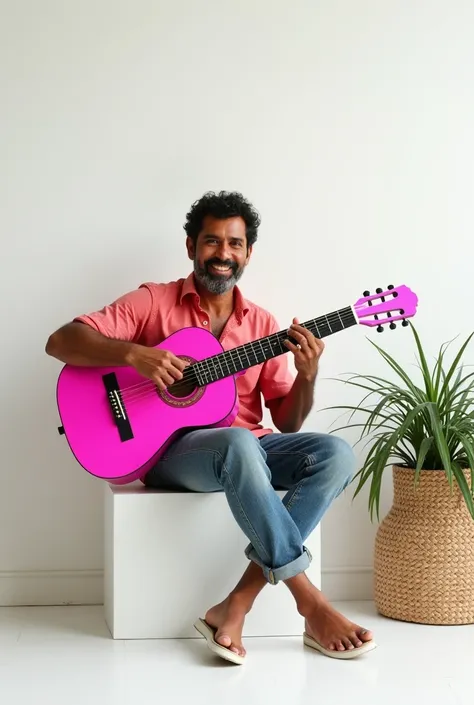 an adult Brazilian man sitting on a white chair playing a pink guitar