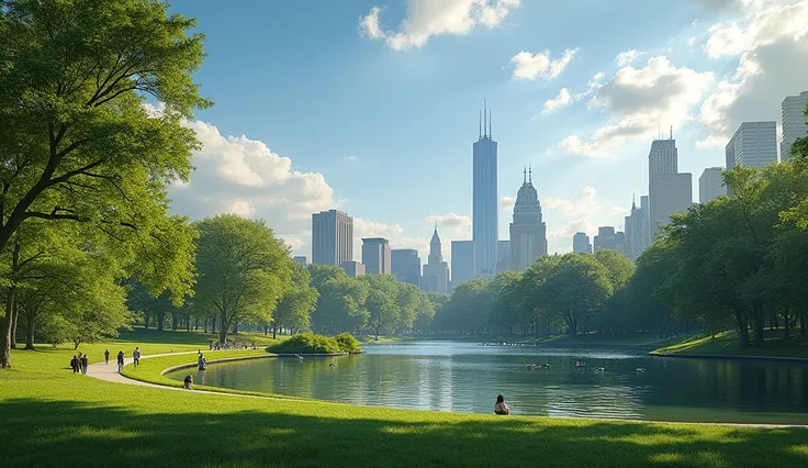 a scenic view of Central Park on a sunny day, realistic, detailed landscape with lush greenery, tall buildings in the background, people walking on paths, sunlight filtering through the trees, birds flying overhead, calm lake with ducks, (best quality,4k,8...