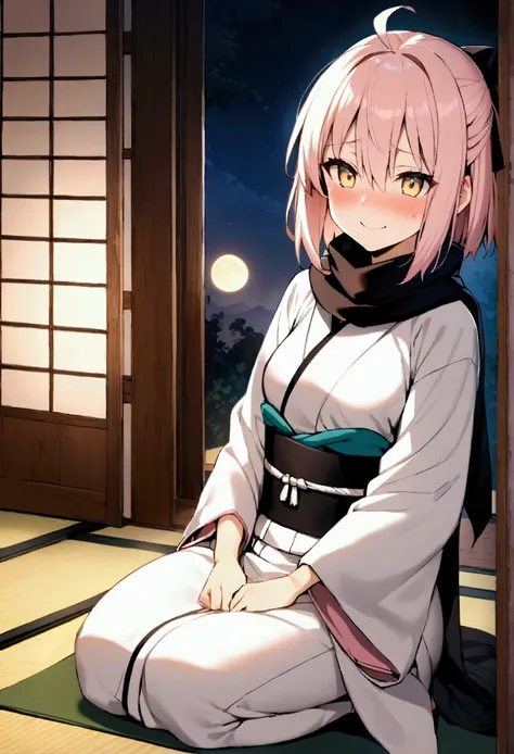 NSFW,masterpiece,Highest quality,High resolution,Very detailed,,Okita Souji(Fate/grandorder),Ahoge、Pink Hair、Hair between the eyes、Hair Ribbon、short hair、Yellow Eyes,黒いscarf、Black Ribbon、kimono、kimono、band、scarf,Japanese-style mansion at night,Japanese-sty...