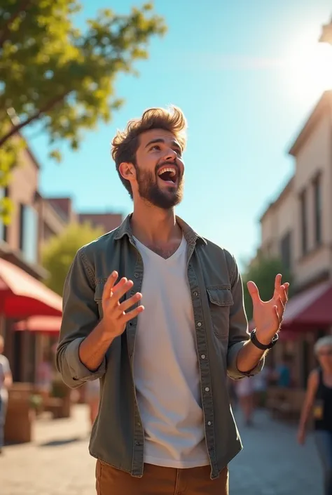 Young man wearing social media on a sunny day preaching the good news 