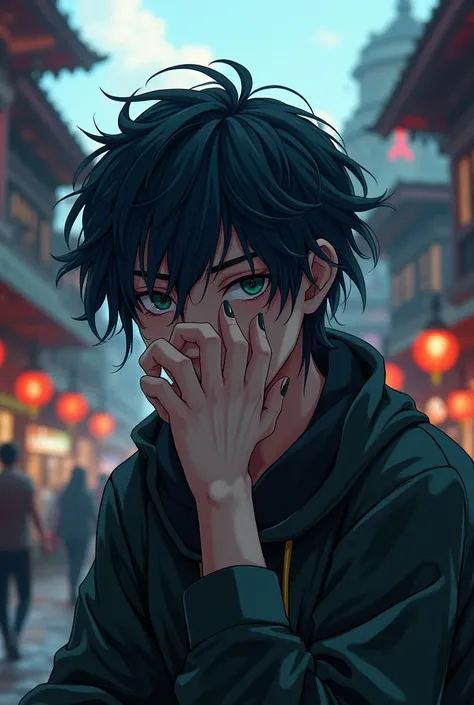 Emo boy with nail paint sad with dreads and lost in thoughts in Kathmandu cultural city in anime type
