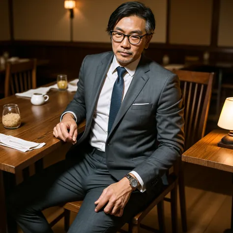 A 4 Japanese man sitting down on a Chair in an Exotic Japanese Restaurant, his name is Kenji Tanaka, the patriarch of the family, sat at the head of the table. His polished black leather shoes peeked out from beneath the table, their glossy surface reflect...