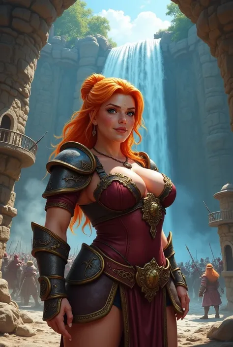 Close up of Dwarven woman, orange hair, maroon armor with gold trim, heavy armor, full cheeks, green eyes, freckles on cheeks, freckles on top of breasts, freckles on legs, she has a thin muscled waist that emphasizes her ample bosom and wide hips and roun...