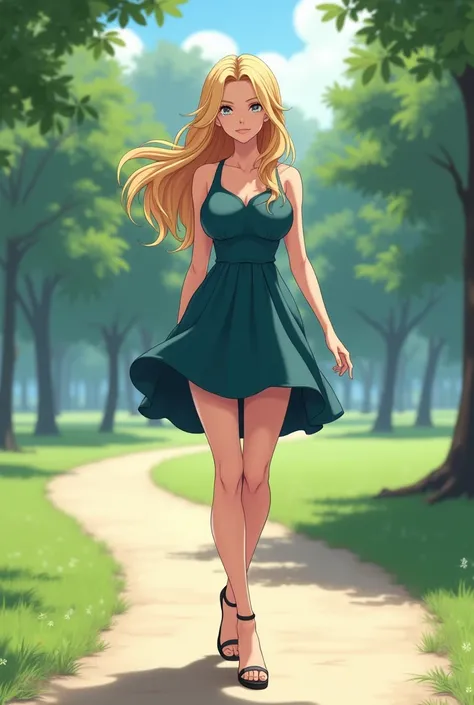 beautiful very fit anime woman, very long blonde hair, dark blue green short sleeve bubble dress, high strap sandals, walking in the park