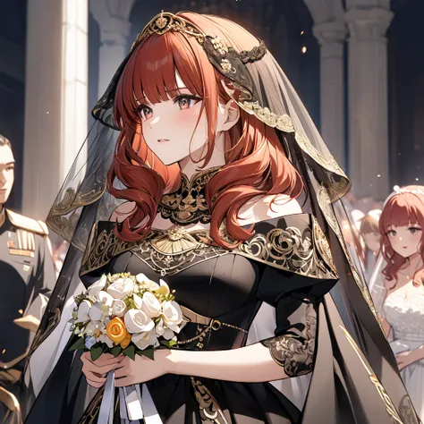 ((Highest quality)), ((masterpiece)), (detailed), （Perfect Face）、The woman is a Celica with red hair.、The woman is wearing a black wedding dress with rich gold embroidery and trim, and a black wedding veil.、The woman is wearing a black wedding dress with g...