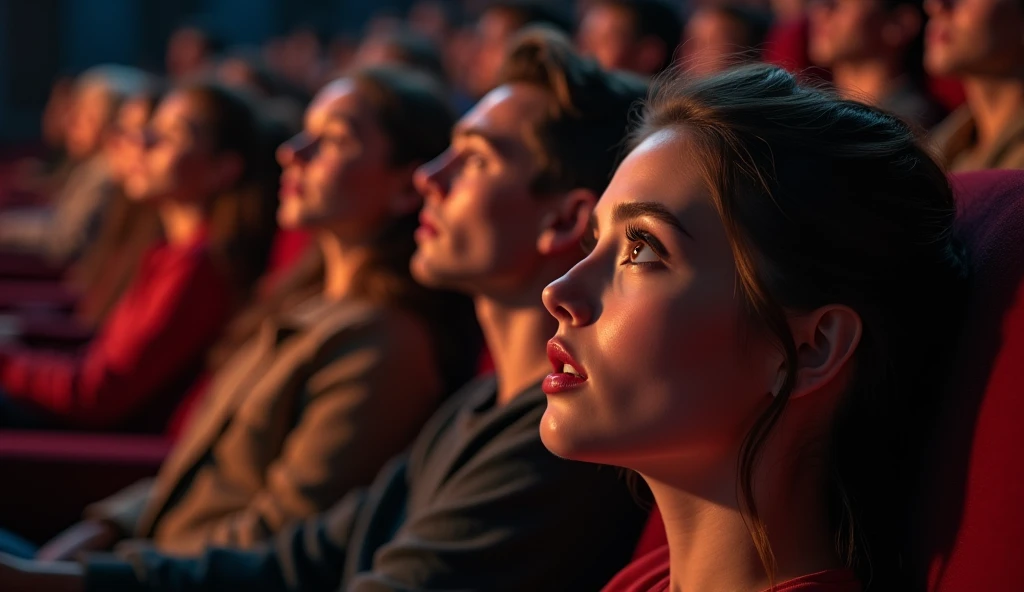 a crowd watching a romantic film in a cinema, beautiful detailed eyes, beautiful detailed lips, extremely detailed eyes and face, long eyelashes, photorealistic, chiaroscuro lighting, warm color tones, cinematic composition, dramatic lighting, mood lightin...