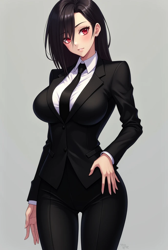 Black suit , tie and big boobs anime character with red eyes 