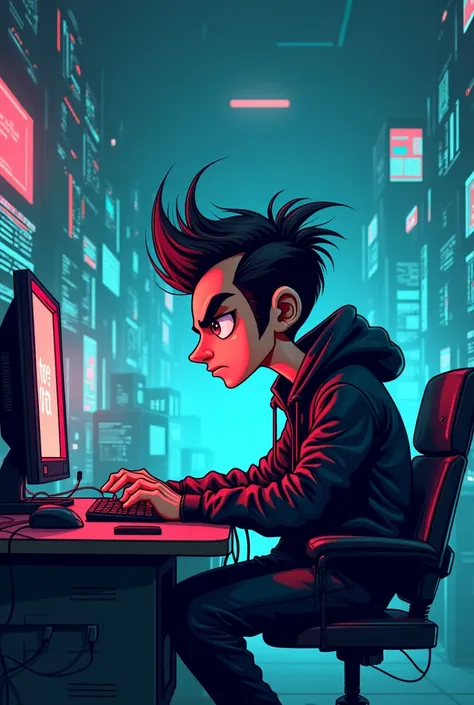 A cybercriminal on computer caricature whole body side view