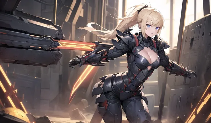 Beautiful blonde with short ponytail，Big ，cleavage，black sci-fi armor，Black hand armor，thigh，cross sword，maze，1 girl, 