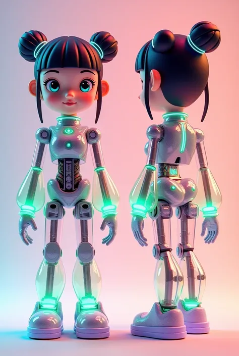 whole body，Generate three views，Front view、Side and Back Views，Super cute girl IP in the style of Pop Mart，Bauhaus style，colorful，Plastic transparent，Soft lighting，Exquisite mechanical parts，glowing body，Collectible Toys，Model，Blind Box Toys，Good gloss，Cle...