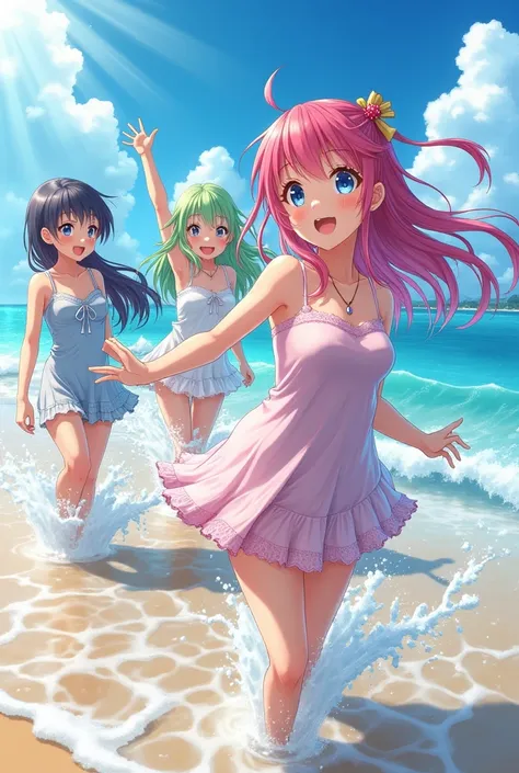 Anime girls full body get soaked beach